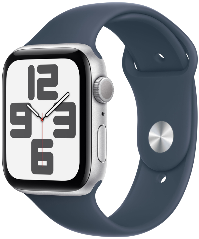 Apple Watch SE 2023, 44 мм, корпус из алюминия серебристого цвета, спортивный ремешок цвета «грозовой синий», размер M/L