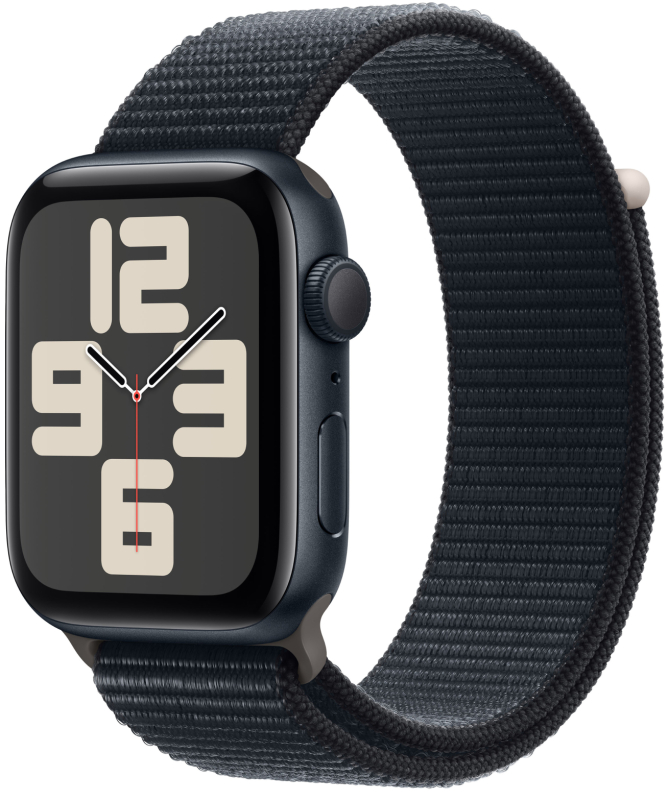 Apple Watch SE 2023, 44 мм, корпус из алюминия цвета «тёмная ночь», спортивный браслет цвета «тёмная ночь»