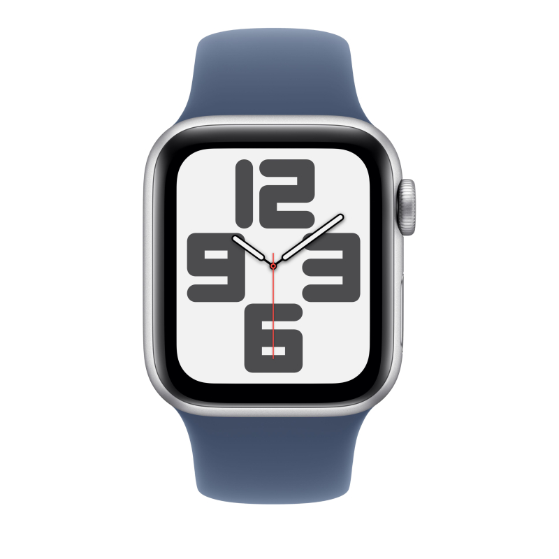 Apple Watch SE 2024, 40 мм, корпус из алюминия серебристого цвета, спортивный ремешок цвета «синий деним» S/M