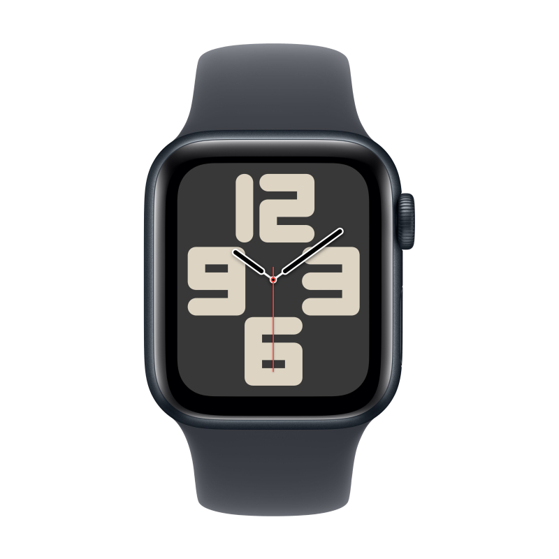 Apple Watch SE 2024, 40 мм, корпус из алюминия цвета «полуночный черный», спортивный ремешок цвета «полуночный черный» S/M