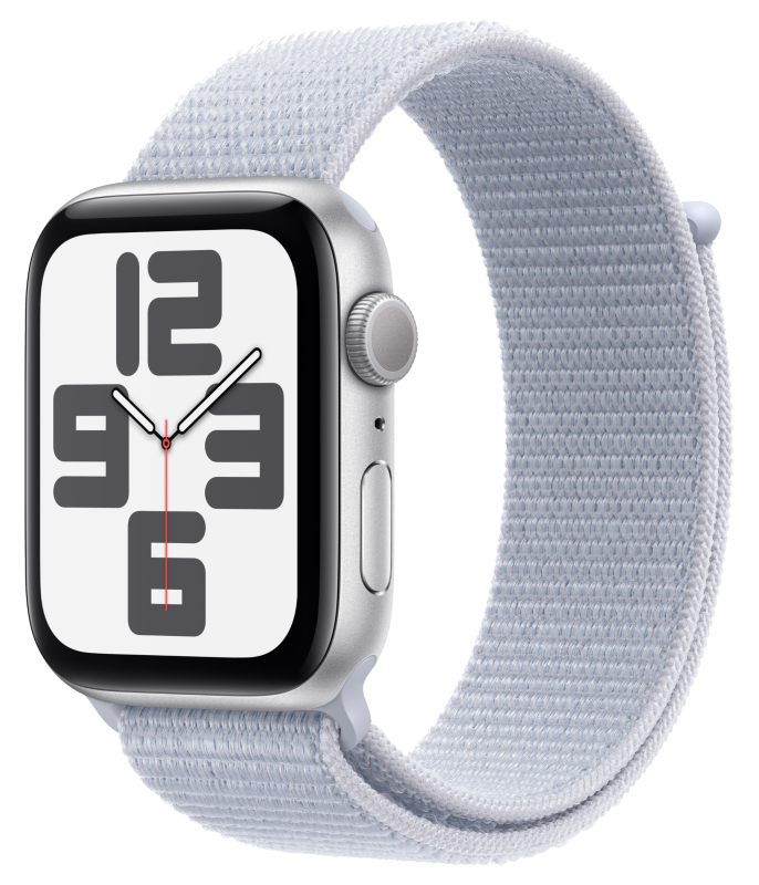 Apple Watch SE 2024, 44 мм, корпус из алюминия серебристого цвета, спортивный браслет дымчато-голубого цвета