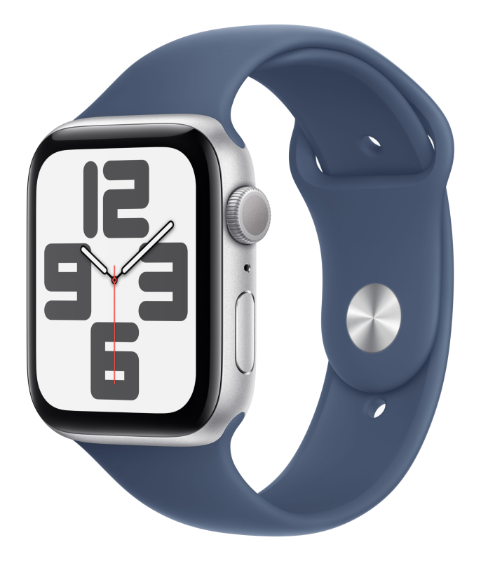 Apple Watch SE 2024, 44 мм, корпус из алюминия серебристого цвета, спортивный ремешок цвета «синий деним» M/L