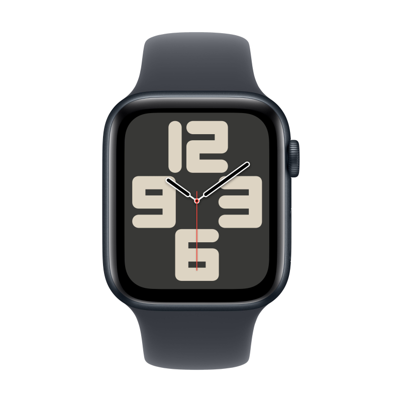 Apple Watch SE 2024, 44 мм, корпус из алюминия цвета «полуночный черный», спортивный ремешок цвета «полуночный черный» M/L