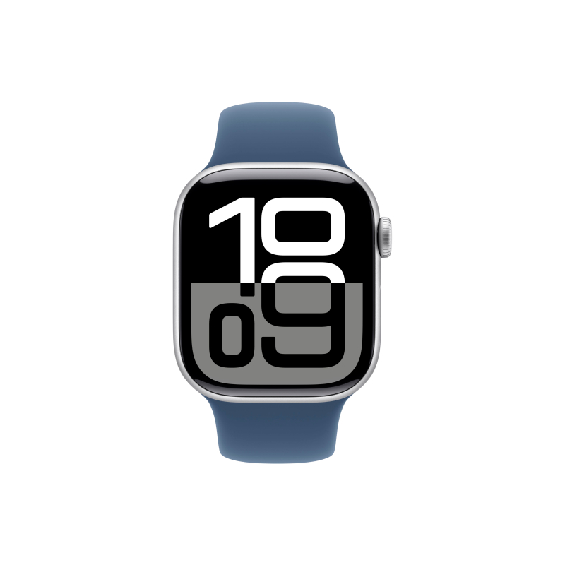 Apple Watch Series 10, 42 мм, корпус из алюминия цвета серебристый, спортивный ремешок цвета «синий деним» S/M