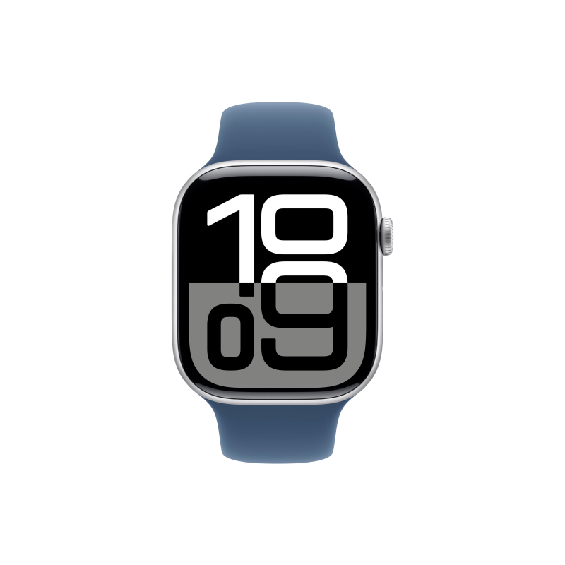 Apple Watch Series 10, 46 мм, корпус из алюминия серебристого цвета, спортивный ремешок цвета «синий деним» M/L