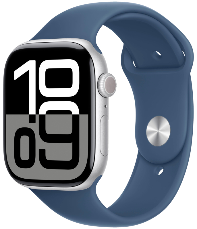 Apple Watch Series 10, 46 мм, корпус из алюминия серебристого цвета, спортивный ремешок цвета «синий деним» M/L