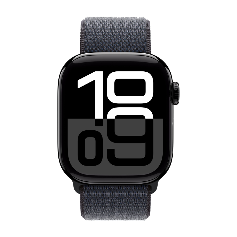 Apple Watch Series 10, 46 мм, корпус из алюминия цвета «черный глянец», спортивный браслет темно-синего цвета