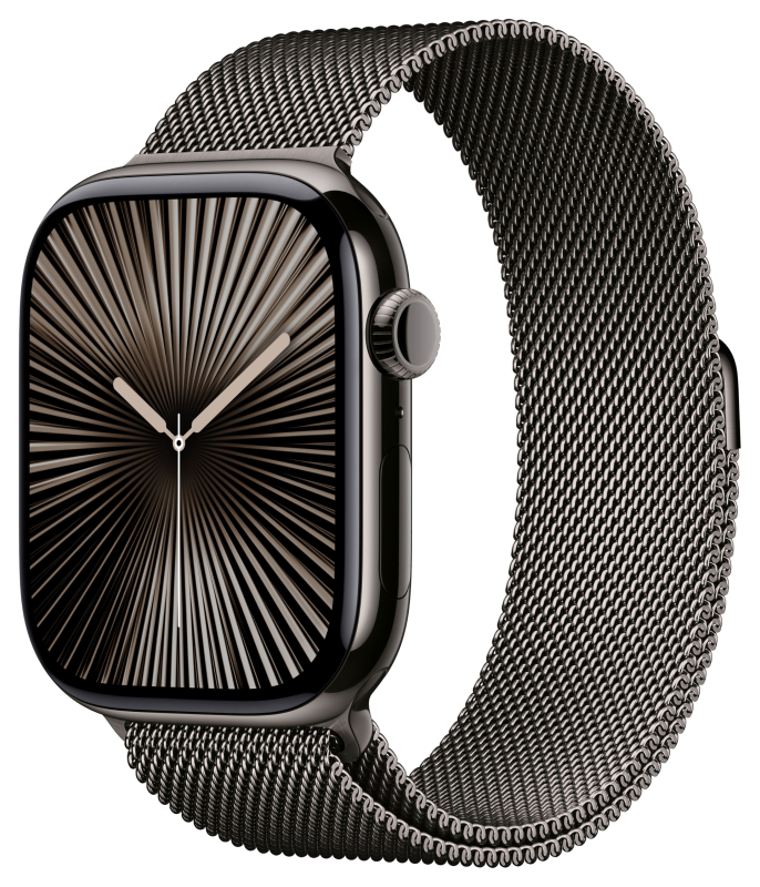 Apple Watch Series 10, 46 мм, корпус из титана цвета сланцевый титан, спортивный ремешок цвета «миланская петля» сланцевый M/L