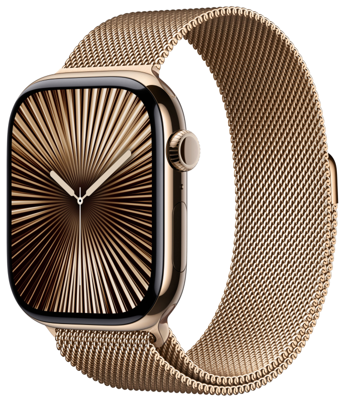 Apple Watch Series 10, 46 мм, корпус из титана цвета «титановый золотой», «миланская петля» золотого цвета, S/M