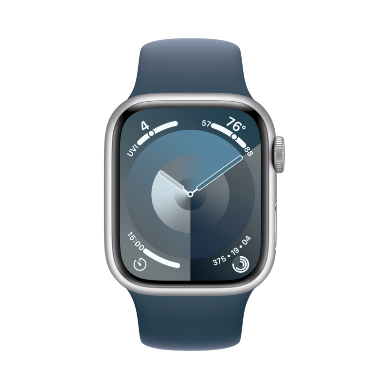 Apple Watch Series 9, 45 мм, корпус из алюминия серебристого цвета, спортивный ремешок цвета «грозовой синий», размер M/L