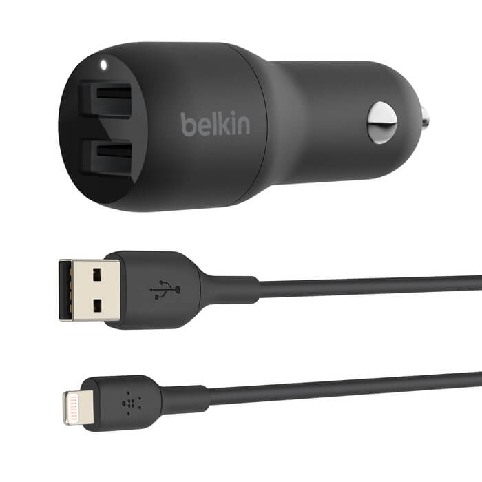 Автомобильное зарядное устройство Belkin 2хUSB-A 24 Вт + кабель USB-A-Lightning, 1 м, черный