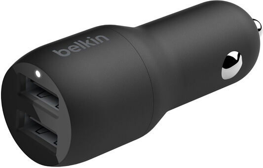 Автомобильное зарядное устройство Belkin 2хUSB-A 24 Вт + кабель USB-A-Lightning, 1 м, черный