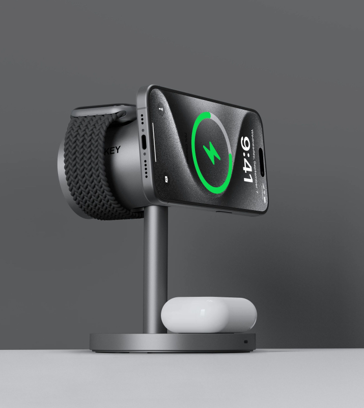Беспроводное зарядное устройство Aukey 3 in 1 Cooler Qi2, серый