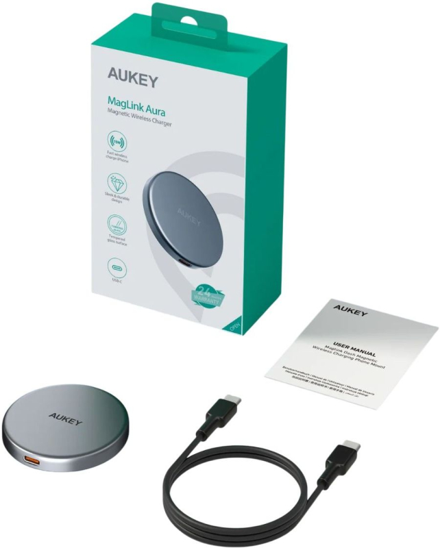 Беспроводное зарядное устройство Aukey Magnetic Qi2, 15 Вт, серый