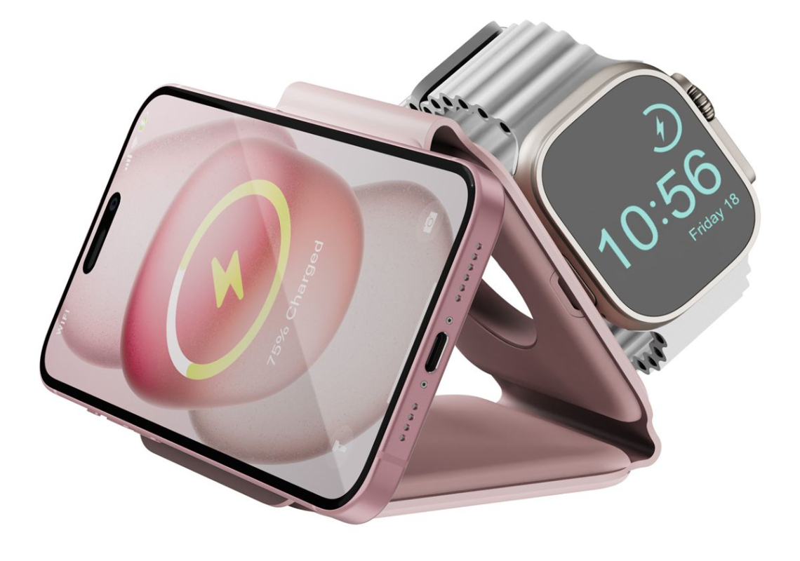 Беспроводное зарядное устройство EnergEA Bazic GoMag Trio USB-C, 15 Вт, розовый