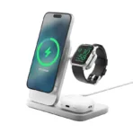 Беспроводное зарядное устройство Nomad Stand One Max 3-in-1 MagSafe, 15 Вт, Qi2, серебристый