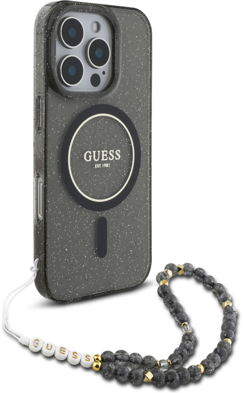 Чехол Guess Pearl MagSafe для iPhone 16 Pro Max + шнурок, черный