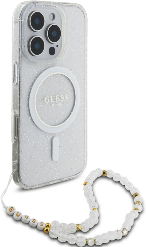 Чехол Guess Pearl MagSafe для iPhone 16 Pro Max + шнурок, прозрачный