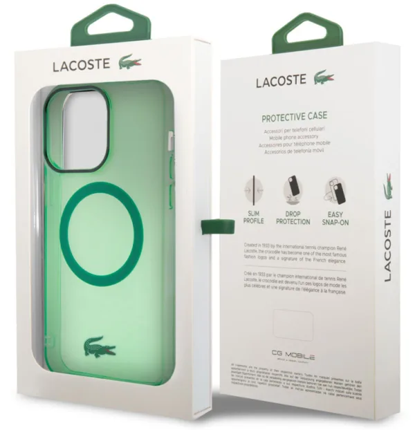 Чехол Lacoste Hard Logo для iPhone 15 Pro MagSafe, прозрачный/зеленый