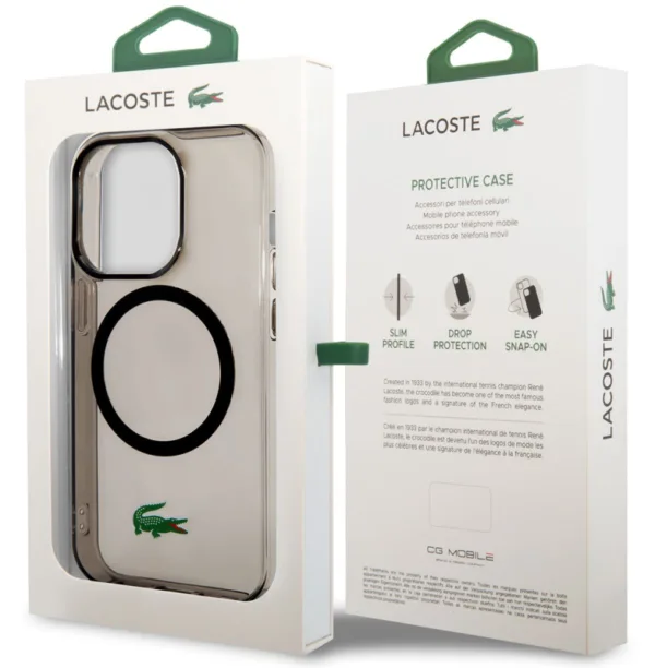 Чехол Lacoste Hard Logo для iPhone 15 Pro Max MagSafe, прозрачный/черный