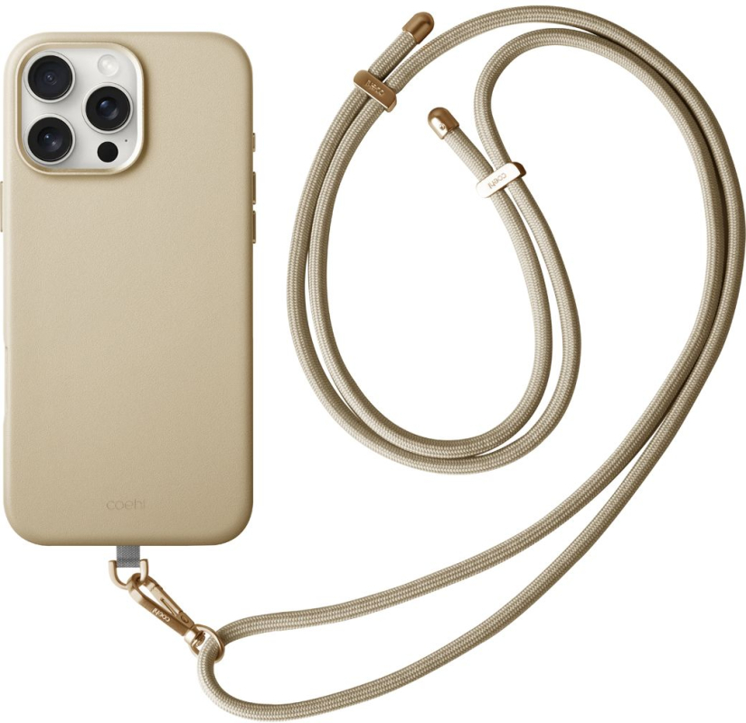 Чехол Uniq Coehl Muse Leatherette MagSafe с ремешком для iPhone 16 Pro, светло-бежевый