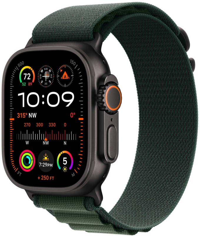 Ремешок Apple 49 мм Alpine Loop, темно-зеленого цвета, черный титан, размер M