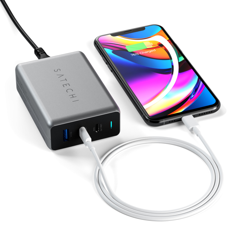 Сетевое зарядное устройство Satechi Compact Charger 2хUSB-C 100Вт + USB-A 12 Вт, GaN Power, серый