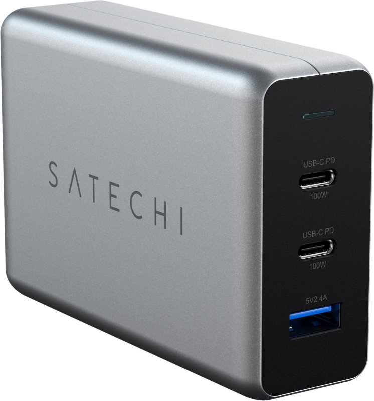 Сетевое зарядное устройство Satechi Compact Charger 2хUSB-C 100Вт + USB-A 12 Вт, GaN Power, серый