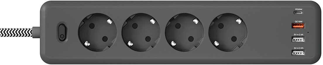 Сетевой фильтр Lyambda, 3xUSB-A + USB-C, 4 розетки, 1.8м, серый